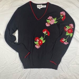 Vintage Rochelle Black V-Neck Sweater with Pink & Red Floral Embroidery